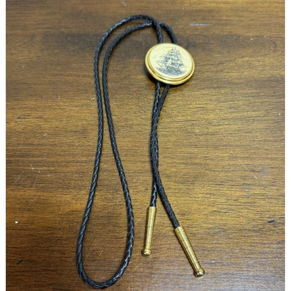 Stephen Barlow Ship Bolo Tie Nautical Scrimshaw Style Vintage Brass Gold Tone